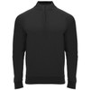 A black half zip sweatshirt with long sleeves and a ribbed hem, featuring a branded logo.