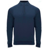 A navy blue half zip sweatshirt with a ribbed hem and cuffs, featuring a logo on the chest.