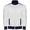 A white track jacket with navy blue accents, featuring a high collar and zip front, and side pockets.