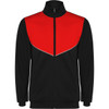 A lightweight track jacket in black with a red upper section and a zip front. It features a logo on the chest area.