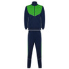 A lightweight tracksuit in navy blue and vibrant green with a zip-up jacket and matching pants, featuring a logo.