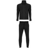A black tracksuit featuring a zip-up jacket and tapered pants, designed for comfort and style. Includes a logo.