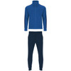 A blue tracksuit comprising a zip-up jacket and matching track pants, featuring a logo.