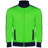 A bright green tracksuit jacket with navy blue accents and a zip front, featuring side pockets and a collar.