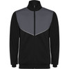 A black tracksuit jacket with a grey upper panel and a zip front. It features a branding logo.