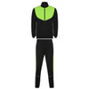 A lightweight tracksuit featuring a black base with vibrant green accents, including a track jacket and matching pants.