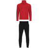 A red track jacket with black stripes alongside matching black track pants. Features a logo on the jacket.