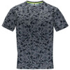 A grey camouflage t-shirt with a digital pattern and a logo on the front, featuring short sleeves.