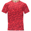 A red t-shirt featuring a digital camouflage pattern and a branded logo on the collar.
