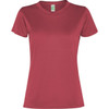 A red women's T-shirt with a round neck and short sleeves, featuring a logo on the label.