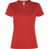 A red women's T-shirt with a classic fitted style and short sleeves. It features a logo on the label.