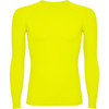A long-sleeved t-shirt in bright yellow, featuring a fitted design and a simple branding logo.