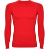 A red long-sleeved T-shirt with a fitted design and raglan sleeves, featuring a logo.