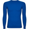 A blue long-sleeved T-shirt with a fitted design, featuring a logo or branding.