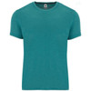 A teal T-shirt featuring a crew neck and short sleeves. The shirt has a label and a plain design.