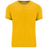 A bright yellow T-shirt with short sleeves and a plain design, featuring a small logo on the tag.