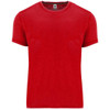 A red T-shirt with a round neckline and short sleeves. It features a logo on the label.