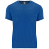 A blue T-shirt with a classic round neckline and short sleeves, featuring a logo on the label.