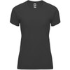 A black women's t-shirt featuring a fitted style and short sleeves. The shirt has a logo at the neckline.