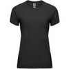 A black women's t-shirt with short sleeves, featuring a logo on the label.