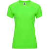 A bright green women's T-shirt with a fitted style and short sleeves, featuring a logo at the neckline.