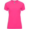 A bright pink women's T-shirt featuring short sleeves and a round neckline, with a logo on the label.