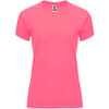 A pink women's t-shirt with a classic crew neck and short sleeves, featuring a logo on the label.
