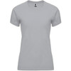 A grey women's t-shirt with short sleeves and a fitted design. It features a logo on the label.