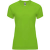 A bright green women's T-shirt with a classic crew neck and short sleeves. It features a logo at the neckline.