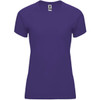 A purple women's T-shirt with short sleeves and a fitted design. Features a label and a simple style.