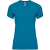 A women's T-shirt in vibrant teal blue, featuring a crew neckline and short sleeves. It has a small logo at the neckline.