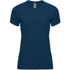 A navy blue women's t-shirt with short sleeves and a fitted design, featuring a logo at the collar.