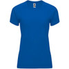 A blue women's t-shirt with short sleeves, featuring a branding logo on the tag.