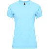 A light blue women's T-shirt with a fitted style and a round neckline; features a logo at the label.