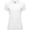 A white women's t-shirt with a fitted design and short sleeves, featuring a logo on the label.