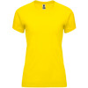 A yellow women's T-shirt featuring a branding logo, with a classic crew neckline and short sleeves.