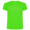A bright green T-shirt with contrasting trim and a logo on the neckline.