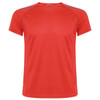 A bright red T-shirt with contrasting grey seams and a logo on the neckline.