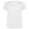 A white T-shirt featuring grey accents and a logo on the front, designed for a promotional product.