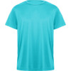 A turquoise t-shirt with a classic crew neck and short sleeves, featuring a logo on the front.