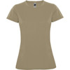 A women's t-shirt in a light beige colour, featuring short sleeves and a fitted design. It has a logo on the label.