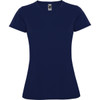 A navy blue women's T-shirt with a fitted style and short sleeves featuring a logo on the label.