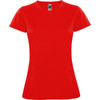 A red women's t-shirt with short sleeves and a fitted design, featuring a logo on the neck label.