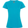 A turquoise women's T-shirt with short sleeves and a fitted design, featuring a logo on the neckline.