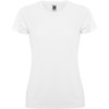 A white women's t-shirt with a classic fit and short sleeves, featuring a logo at the neckline.