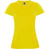 A bright yellow women's T-shirt with a fitted cut and a logo at the neckline.