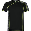 A black t-shirt with a patterned side panel and neon green accents, featuring a logo on the chest.