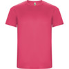 A pink t-shirt featuring a round neckline and short sleeves, with a logo on one sleeve.