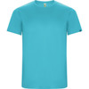 A solid turquoise T-shirt featuring short sleeves and a round neckline. The shirt has a small logo on the side.