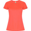 A coral women's T-shirt with a slim fit and short sleeves, featuring a small logo on the sleeve.